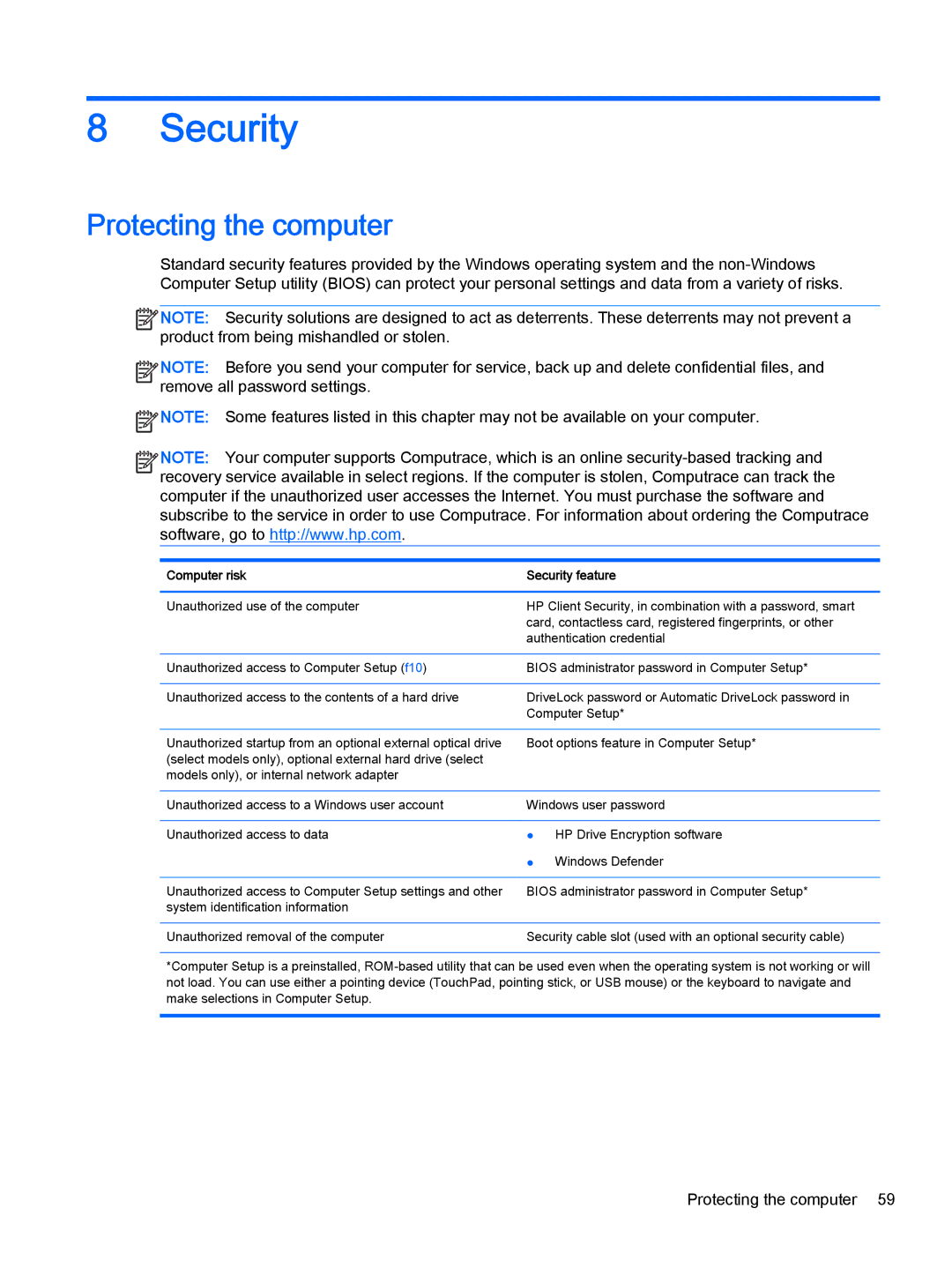 HP x2 1011 G1 (Windows 8.1) manual Security, Protecting the computer 