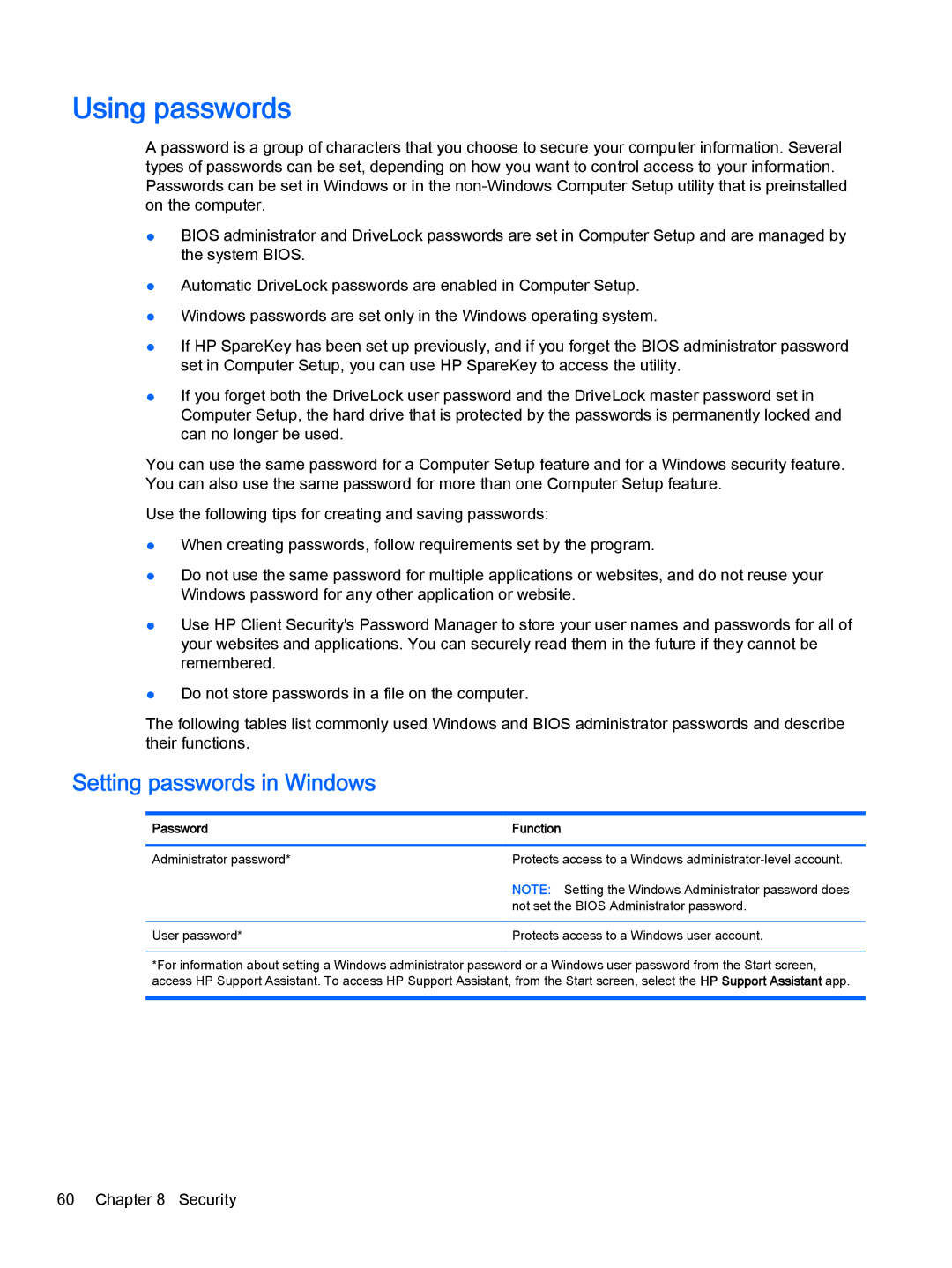 HP x2 1011 G1 (Windows 8.1) manual Using passwords, Setting passwords in Windows 