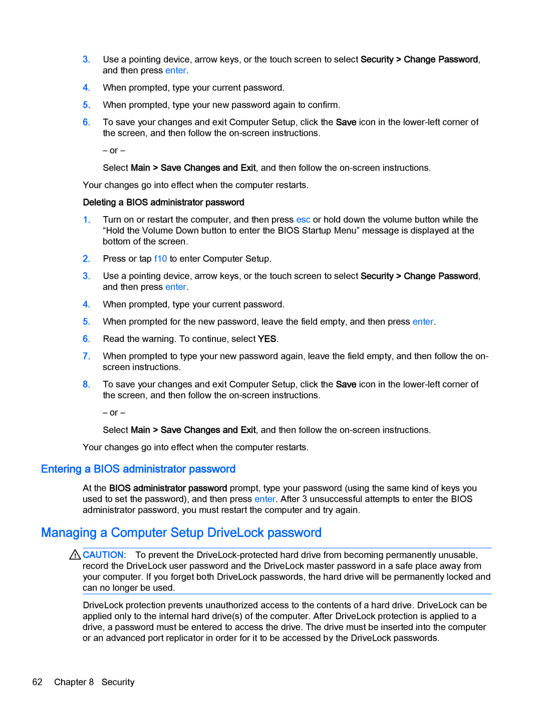 HP x2 1011 G1 (Windows 8.1) manual Managing a Computer Setup DriveLock password, Entering a Bios administrator password 