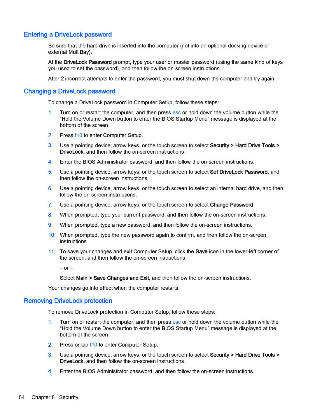 HP x2 1011 G1 (Windows 8.1) Entering a DriveLock password, Changing a DriveLock password, Removing DriveLock protection 