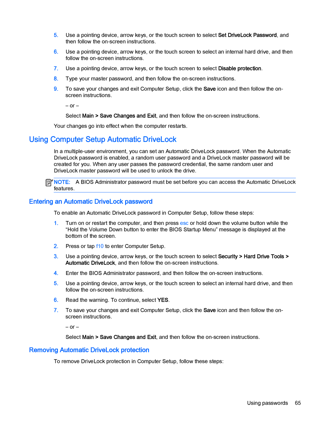 HP x2 1011 G1 (Windows 8.1) manual Using Computer Setup Automatic DriveLock, Entering an Automatic DriveLock password 