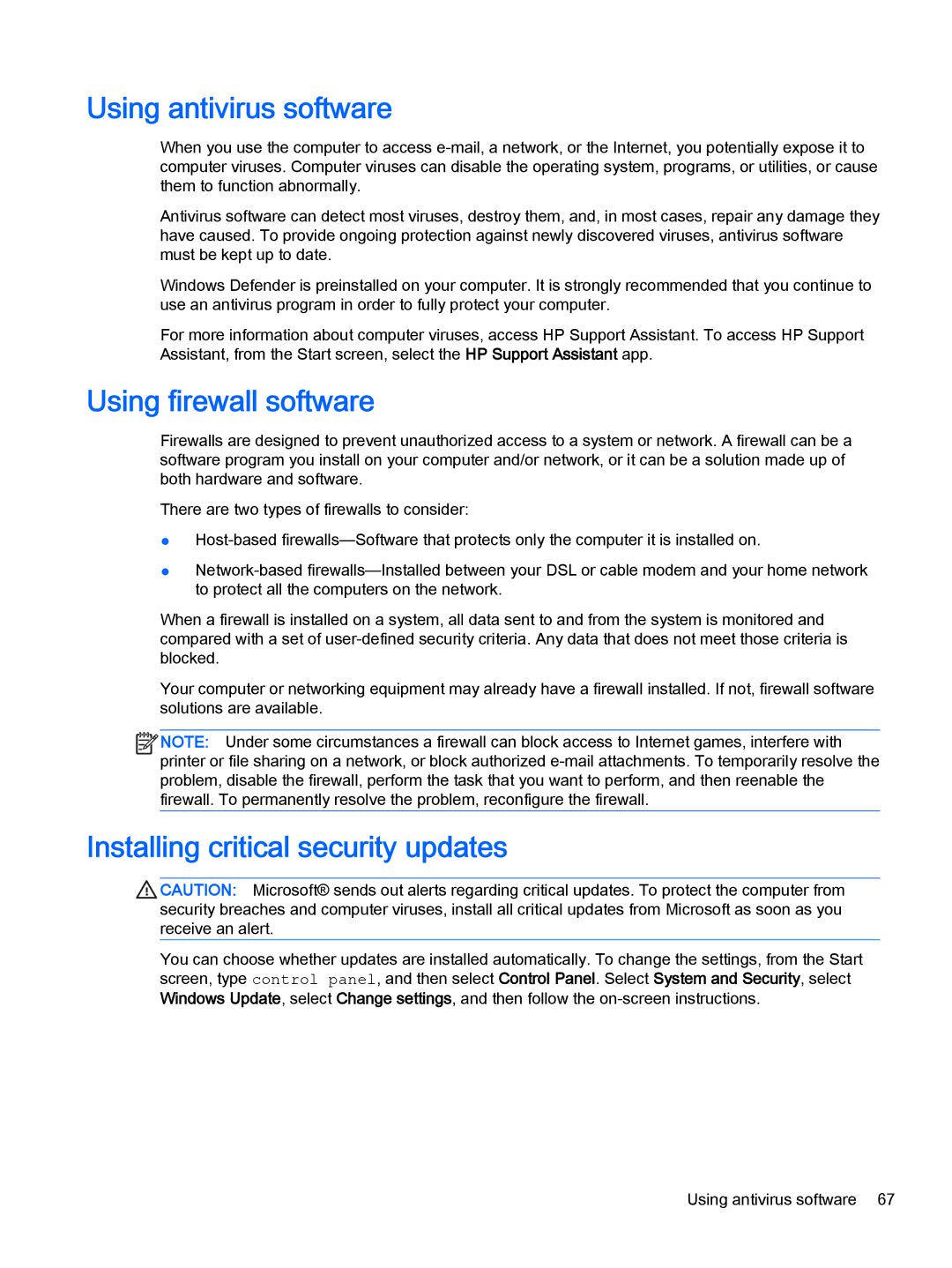 HP x2 1011 G1 (Windows 8.1) manual Using antivirus software, Using firewall software, Installing critical security updates 