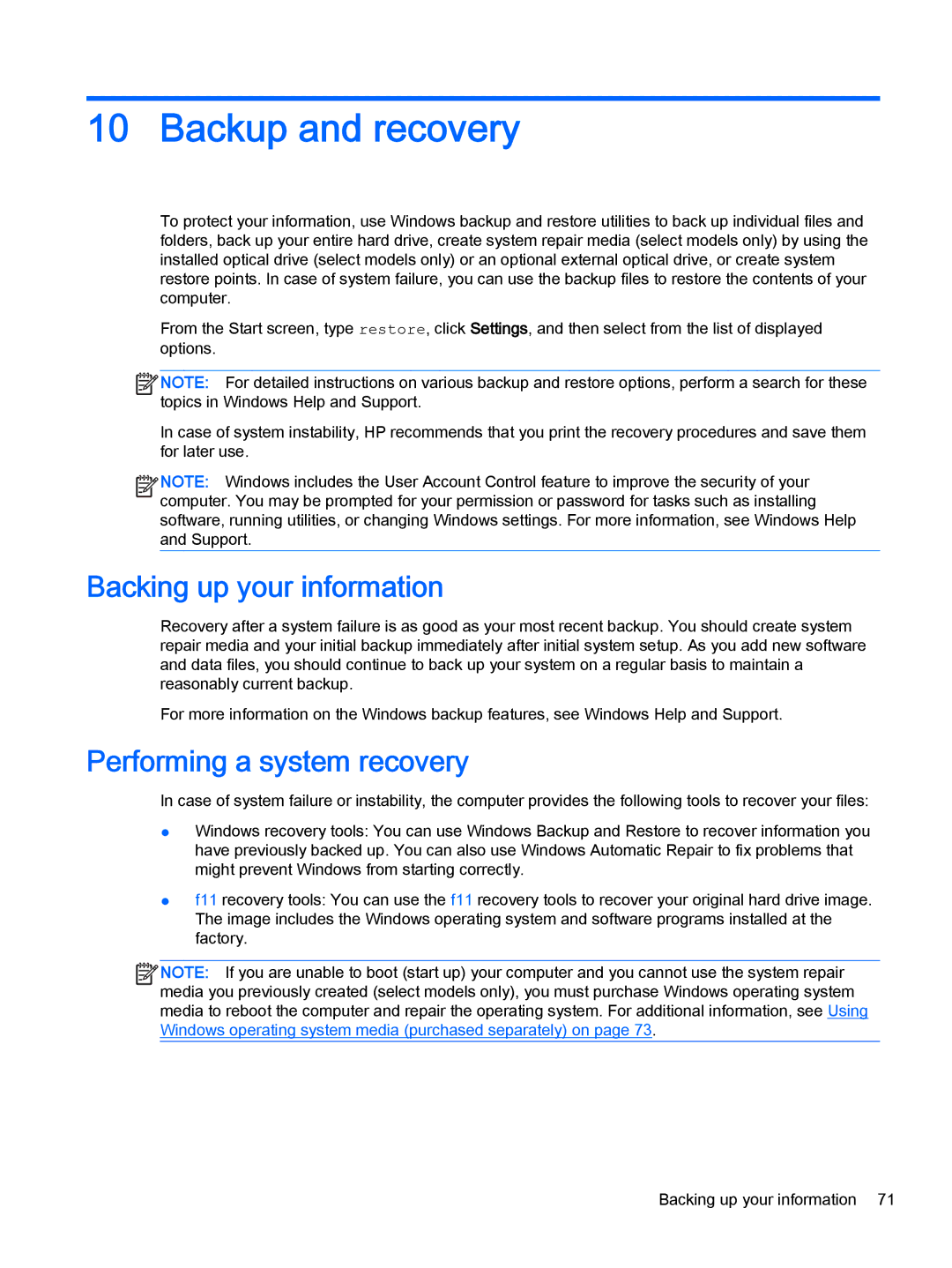 HP x2 1011 G1 (Windows 8.1) manual Backup and recovery, Backing up your information, Performing a system recovery 