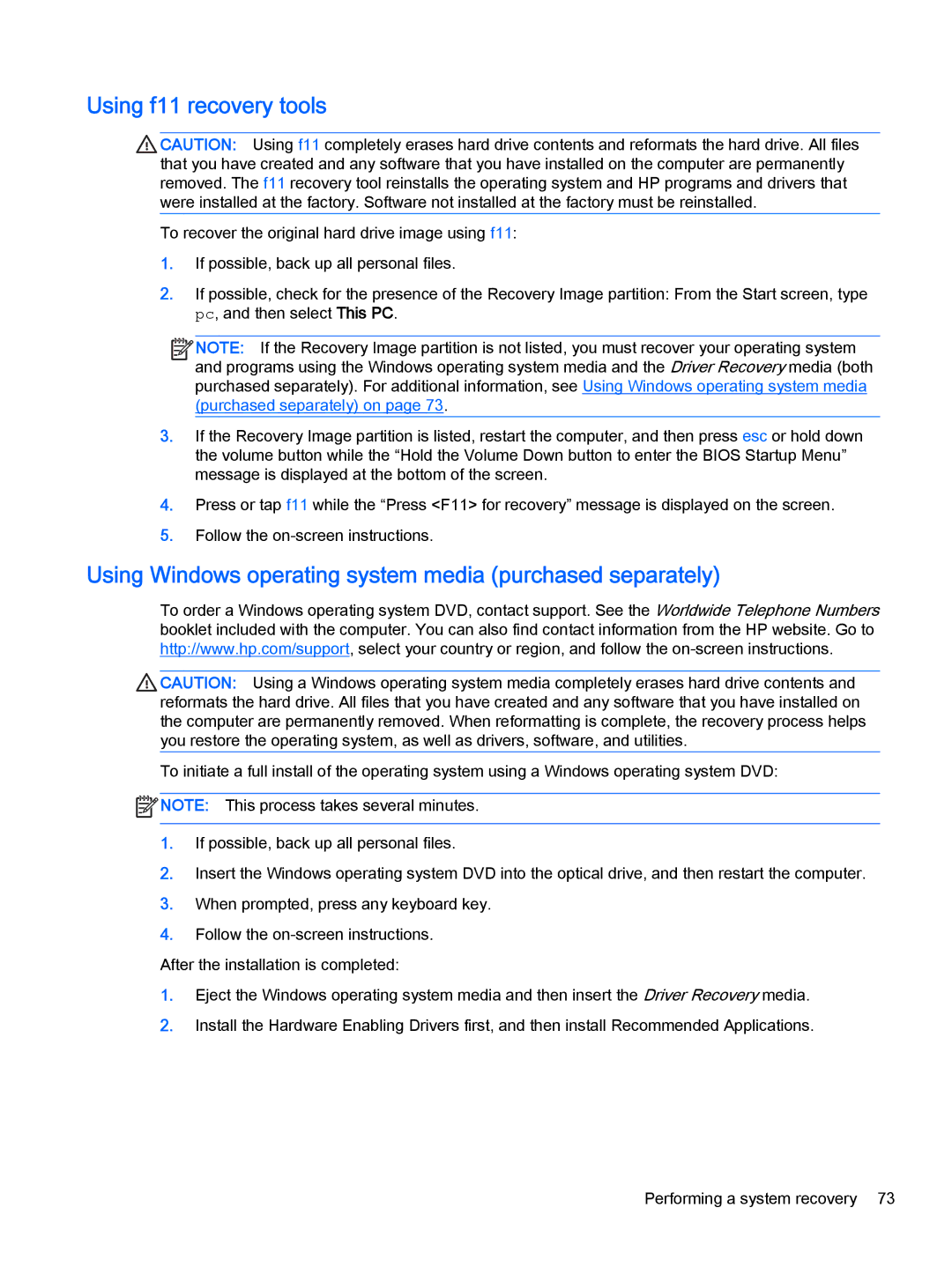 HP x2 1011 G1 (Windows 8.1) manual Using f11 recovery tools, Using Windows operating system media purchased separately 