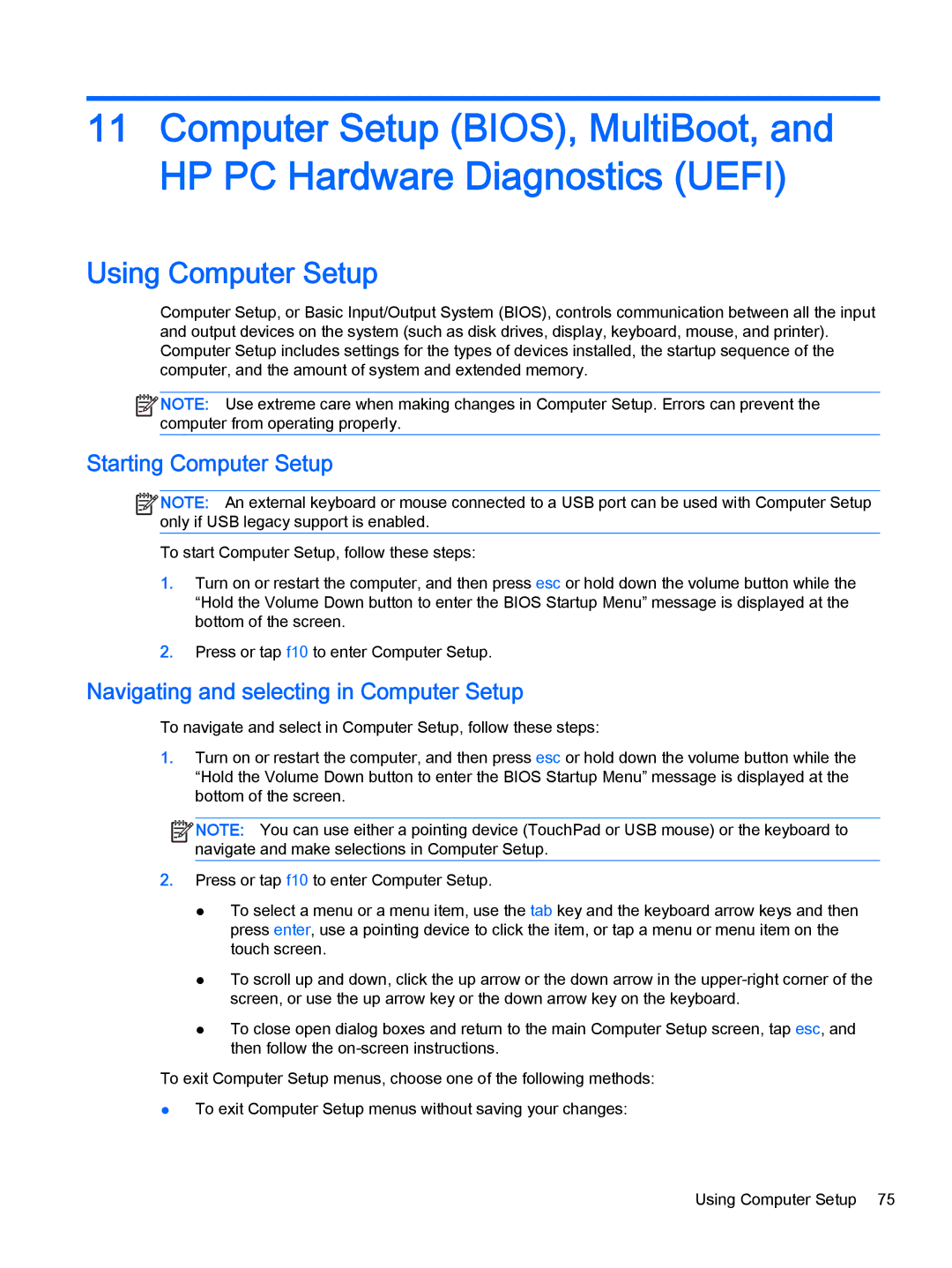 HP x2 1011 G1 (Windows 8.1) Using Computer Setup, Starting Computer Setup, Navigating and selecting in Computer Setup 