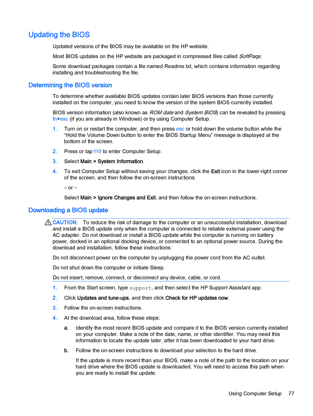 HP x2 1011 G1 (Windows 8.1) manual Updating the Bios, Determining the Bios version, Downloading a Bios update 