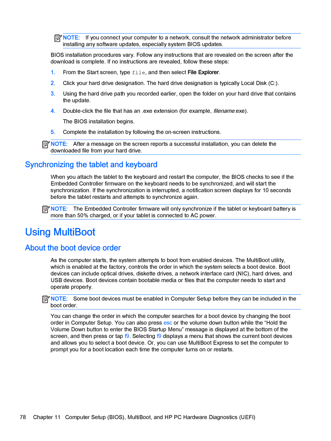 HP x2 1011 G1 (Windows 8.1) manual Using MultiBoot, Synchronizing the tablet and keyboard, About the boot device order 