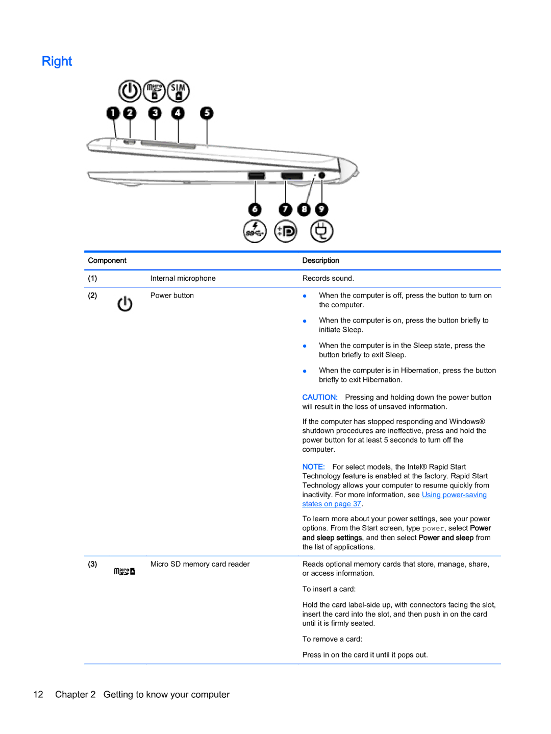 HP x2 1011 G1 manual Right, Sleep settings , and then select Power and sleep from 