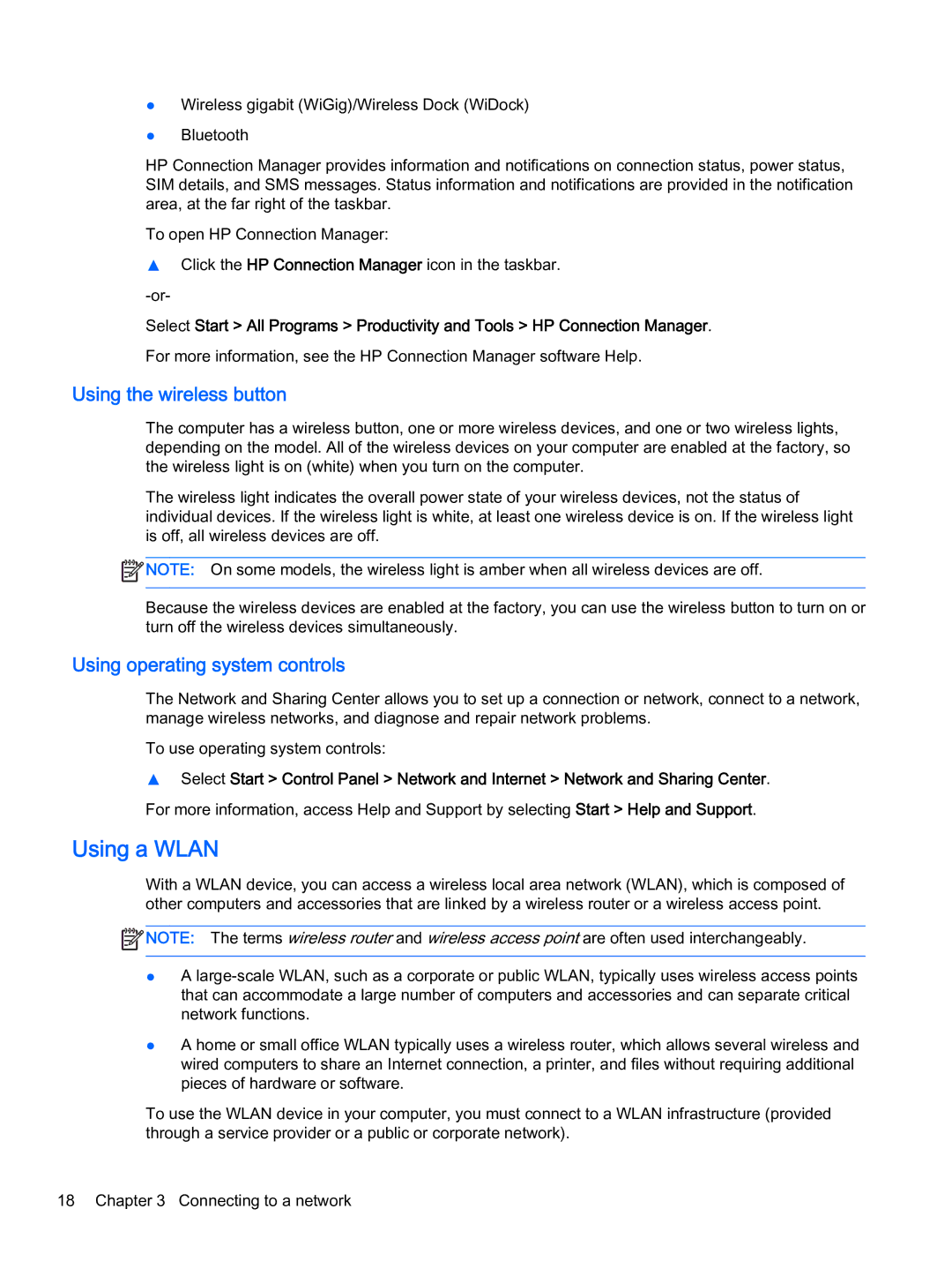 HP x2 1011 G1 manual Using a Wlan, Using the wireless button, Using operating system controls 