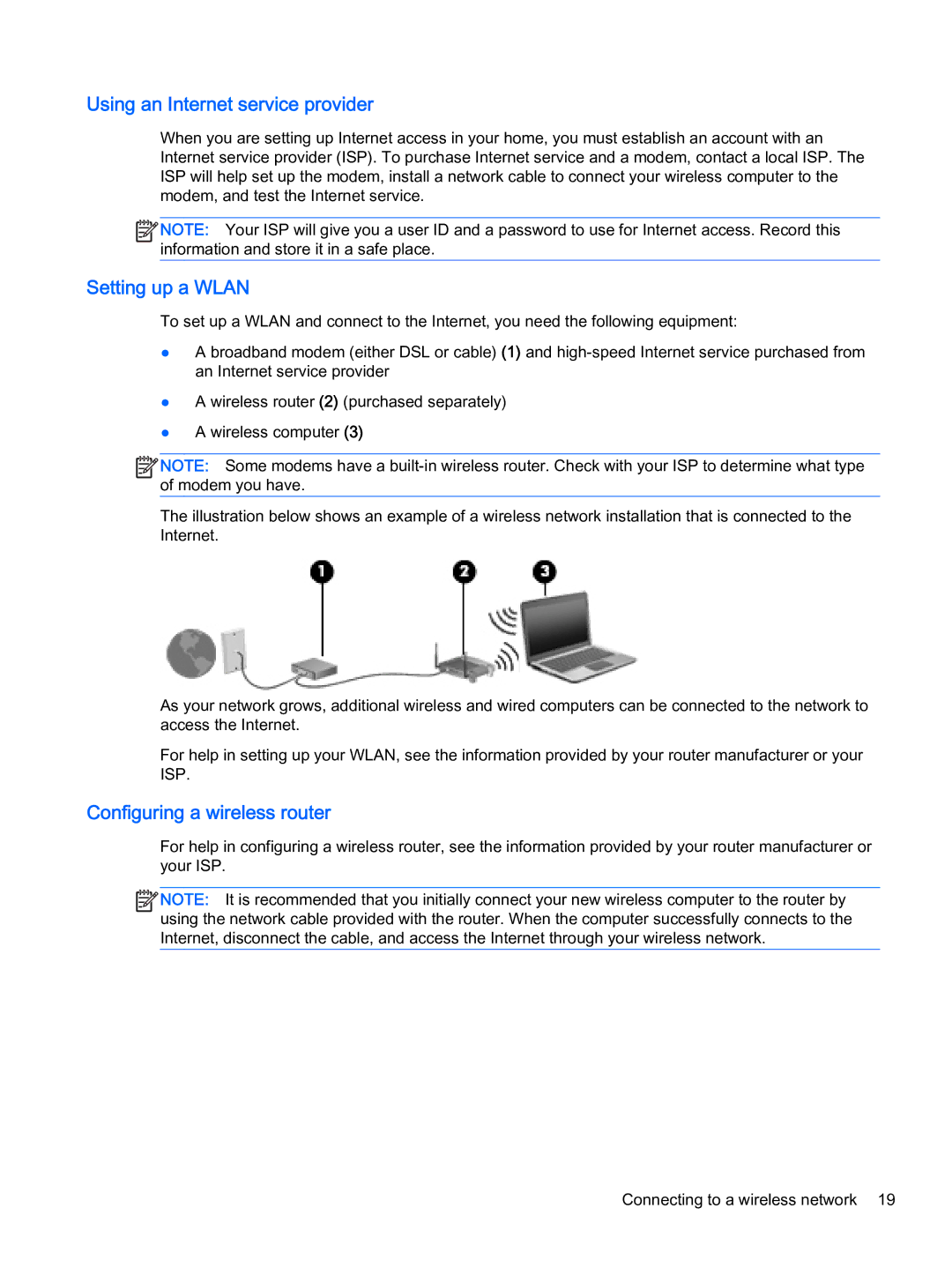 HP x2 1011 G1 manual Using an Internet service provider, Setting up a Wlan, Configuring a wireless router 