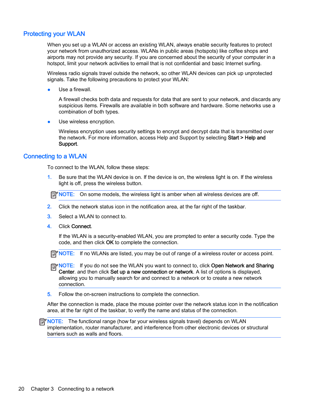 HP x2 1011 G1 manual Protecting your Wlan, Connecting to a Wlan 