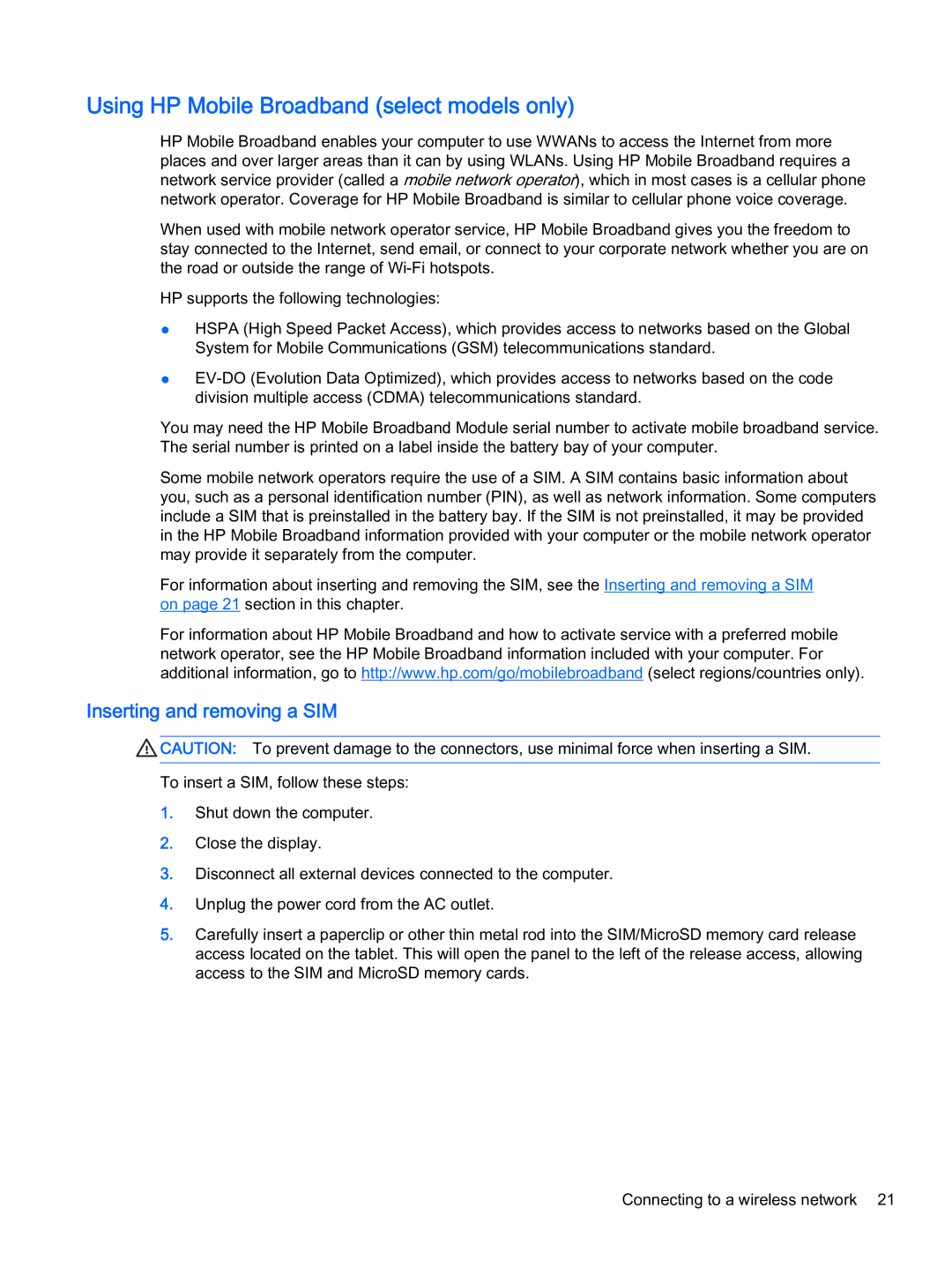 HP x2 1011 G1 manual Using HP Mobile Broadband select models only, Inserting and removing a SIM 