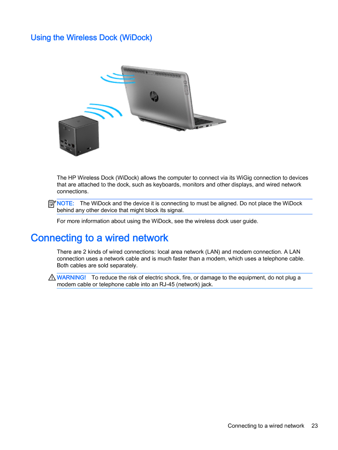 HP x2 1011 G1 manual Connecting to a wired network, Using the Wireless Dock WiDock 