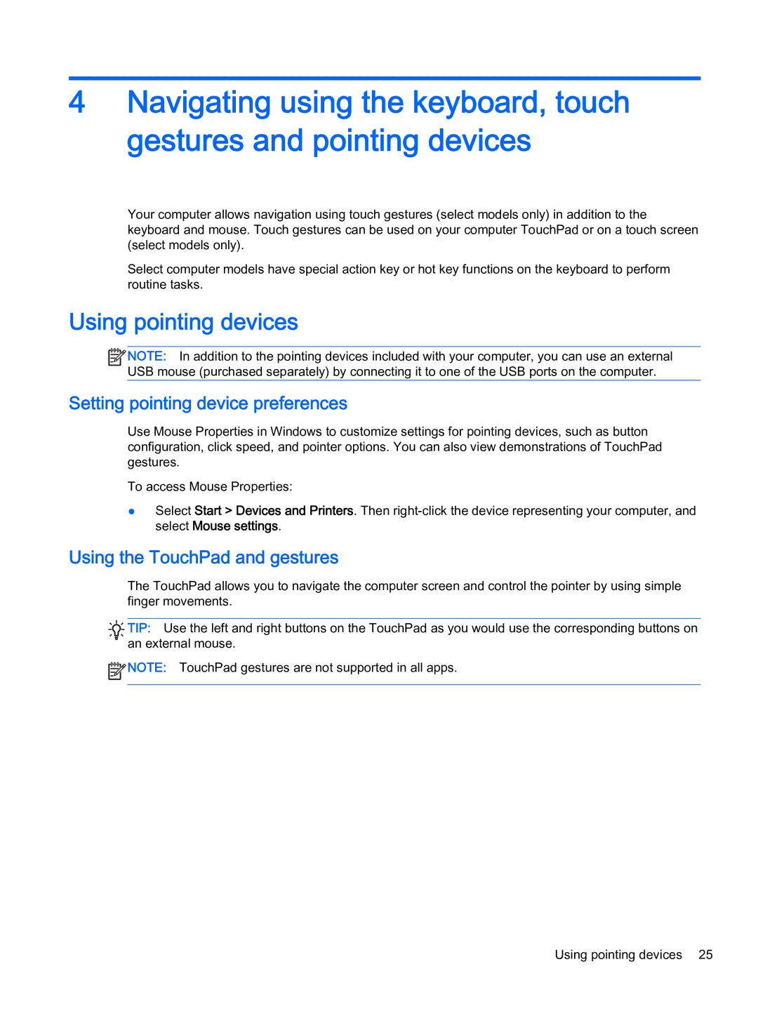 HP x2 1011 G1 manual Using pointing devices, Setting pointing device preferences, Using the TouchPad and gestures 