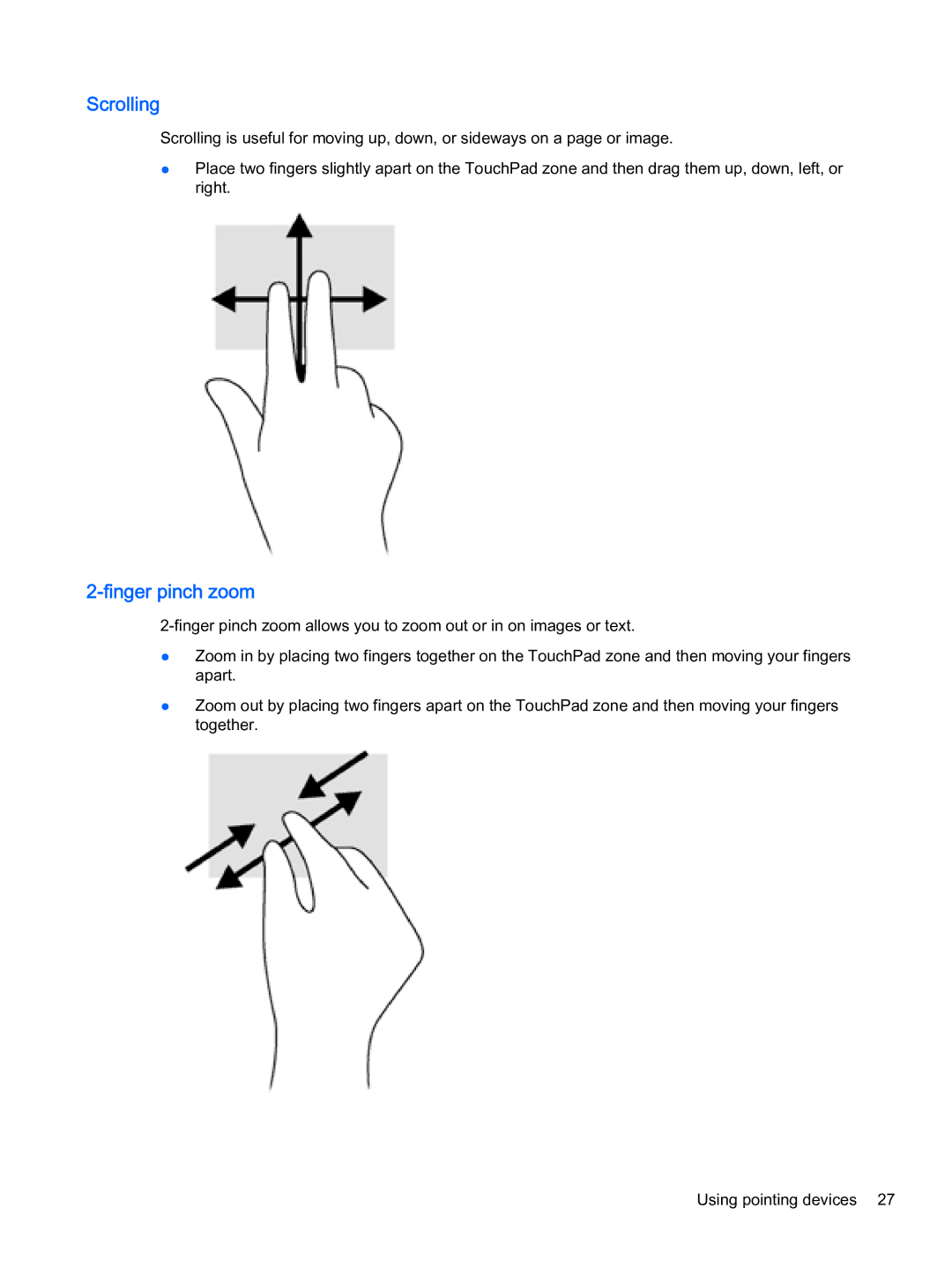 HP x2 1011 G1 manual Scrolling, Finger pinch zoom 