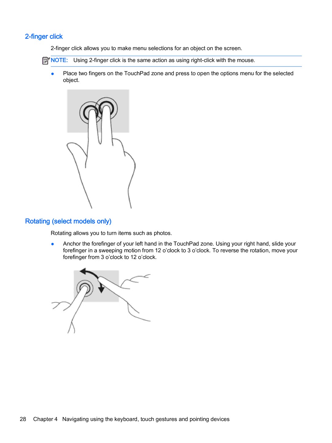 HP x2 1011 G1 manual Finger click, Rotating select models only 