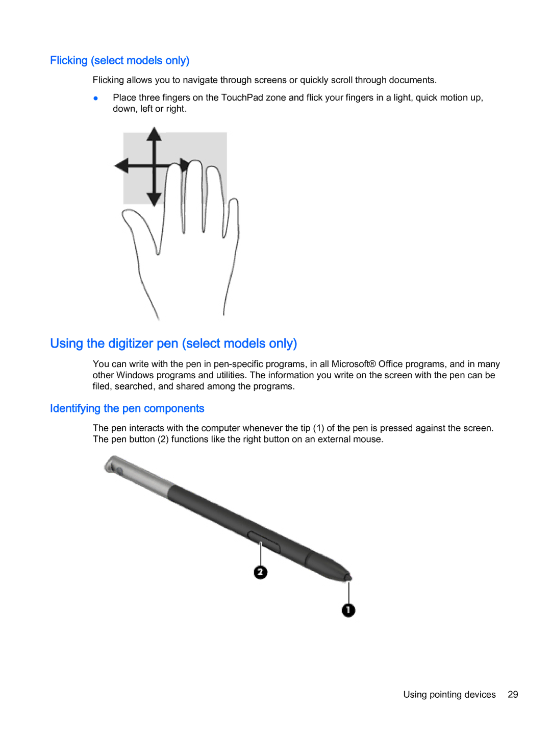 HP x2 1011 G1 Using the digitizer pen select models only, Flicking select models only, Identifying the pen components 