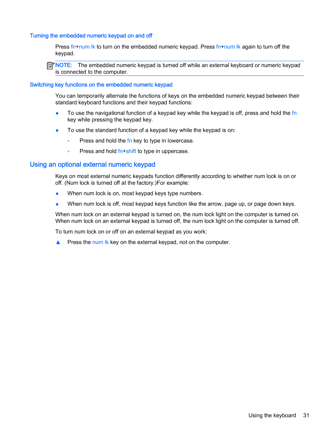 HP x2 1011 G1 manual Using an optional external numeric keypad, Turning the embedded numeric keypad on and off 