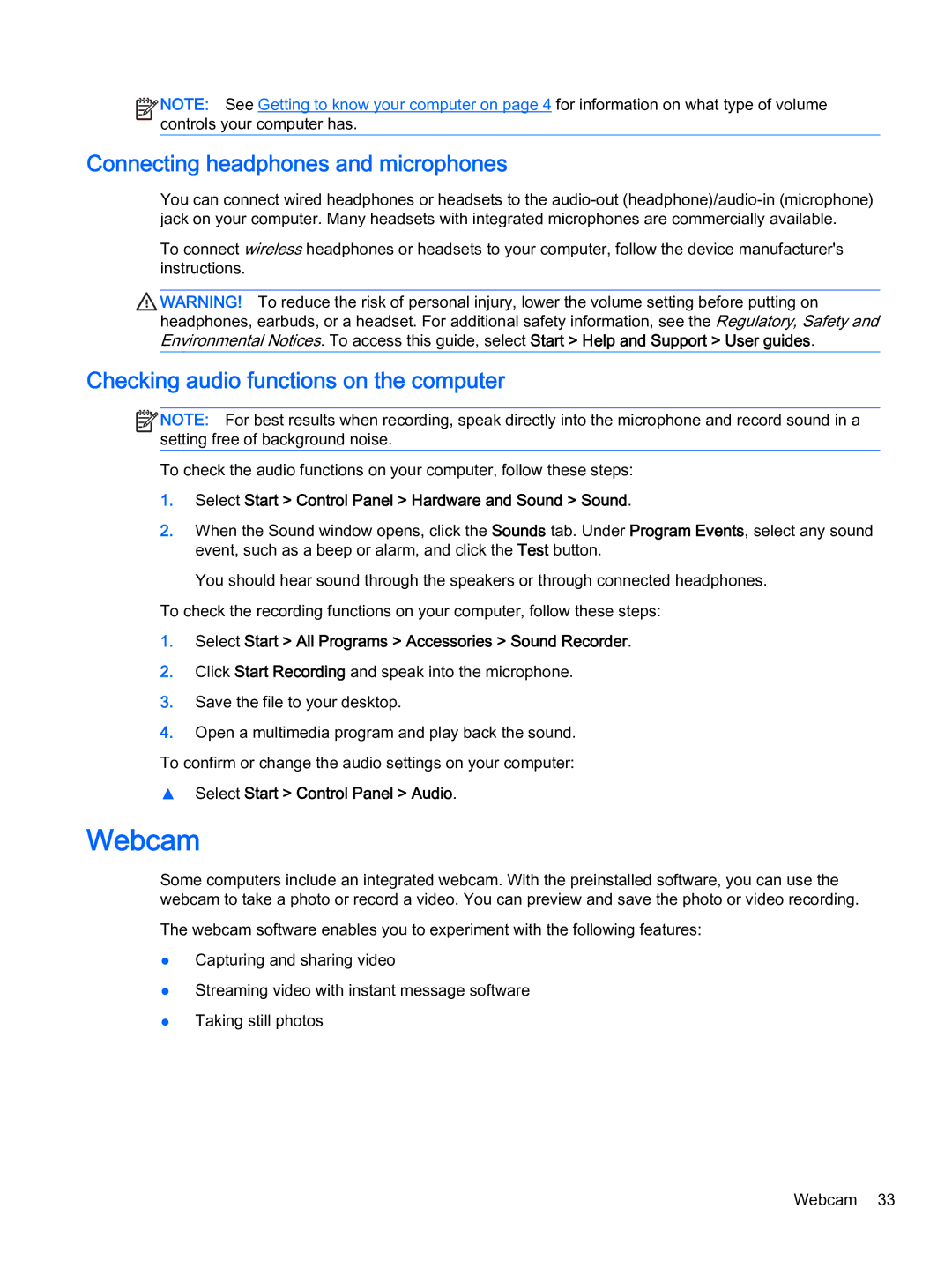 HP x2 1011 G1 manual Webcam, Connecting headphones and microphones, Checking audio functions on the computer 
