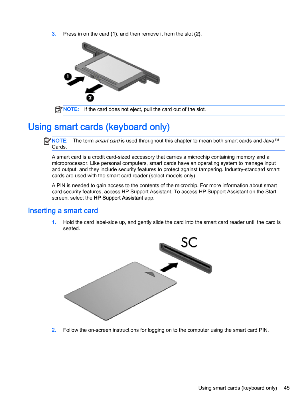 HP x2 1011 G1 manual Using smart cards keyboard only, Inserting a smart card 