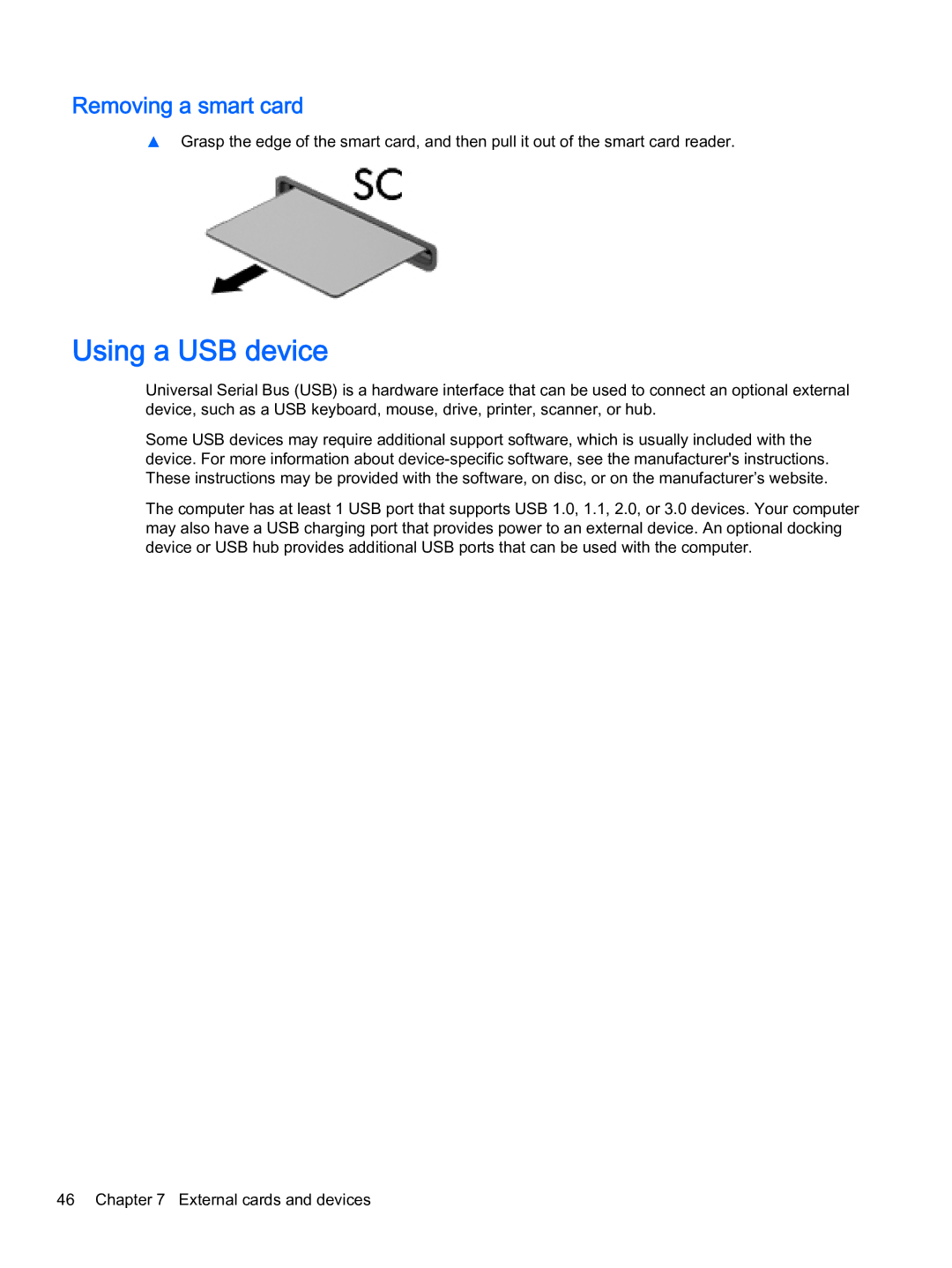 HP x2 1011 G1 manual Using a USB device, Removing a smart card 