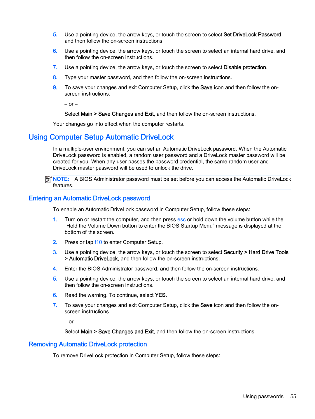 HP x2 1011 G1 manual Using Computer Setup Automatic DriveLock, Entering an Automatic DriveLock password 