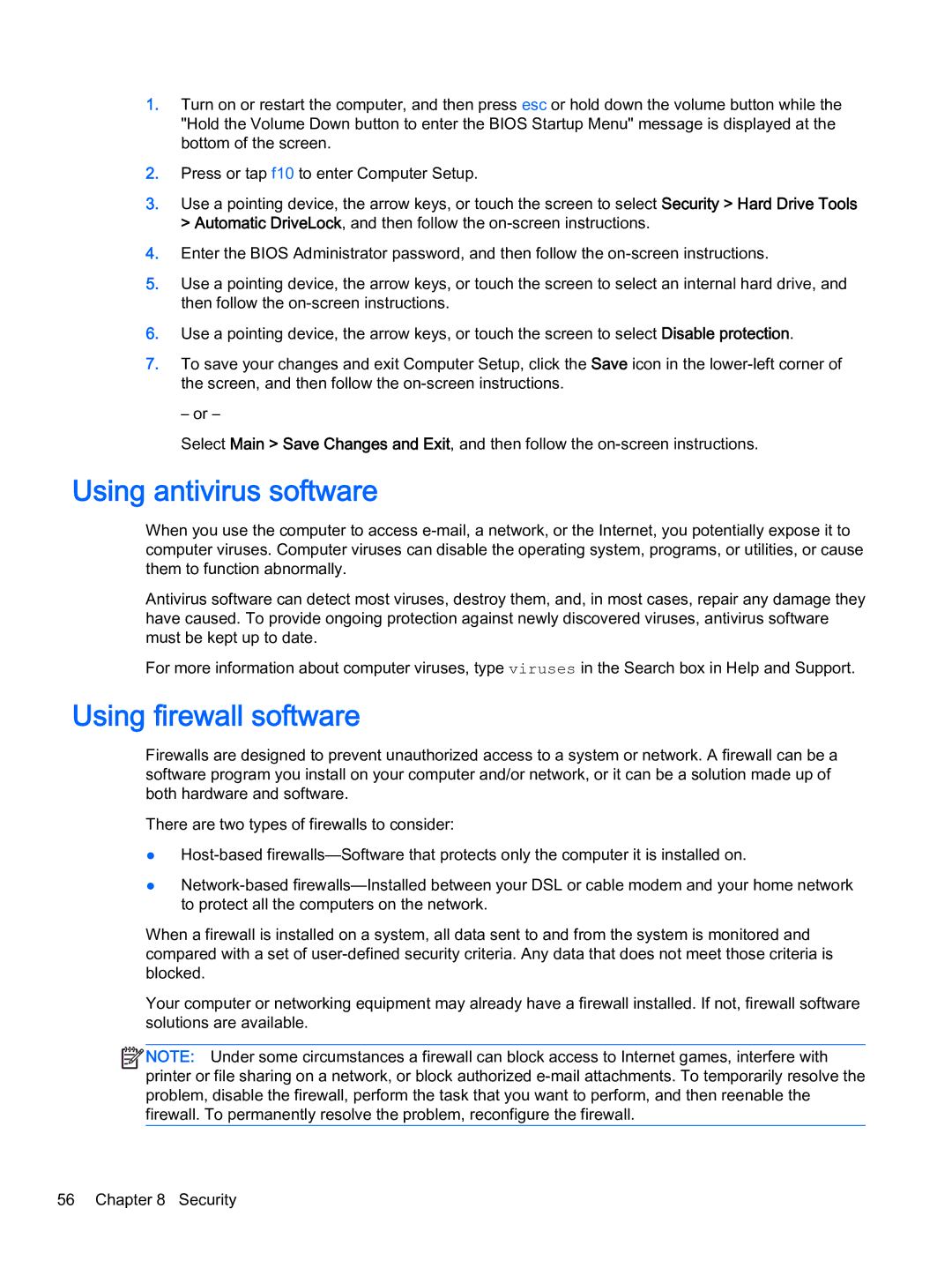 HP x2 1011 G1 manual Using antivirus software, Using firewall software 