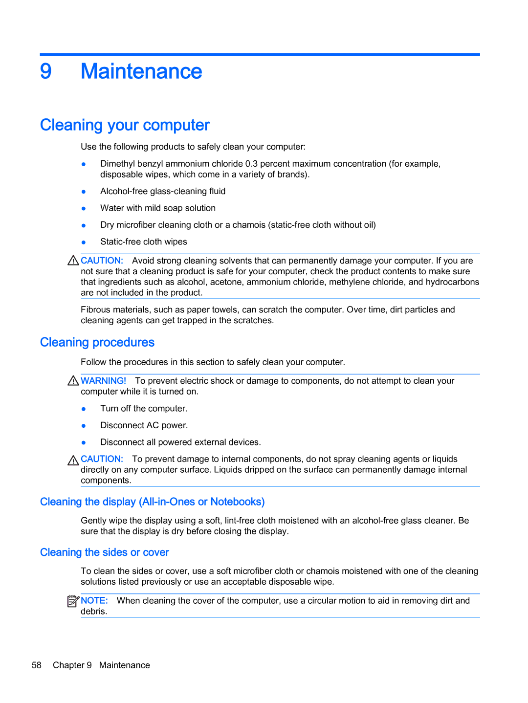 HP x2 1011 G1 Maintenance, Cleaning your computer, Cleaning procedures, Cleaning the display All-in-Ones or Notebooks 