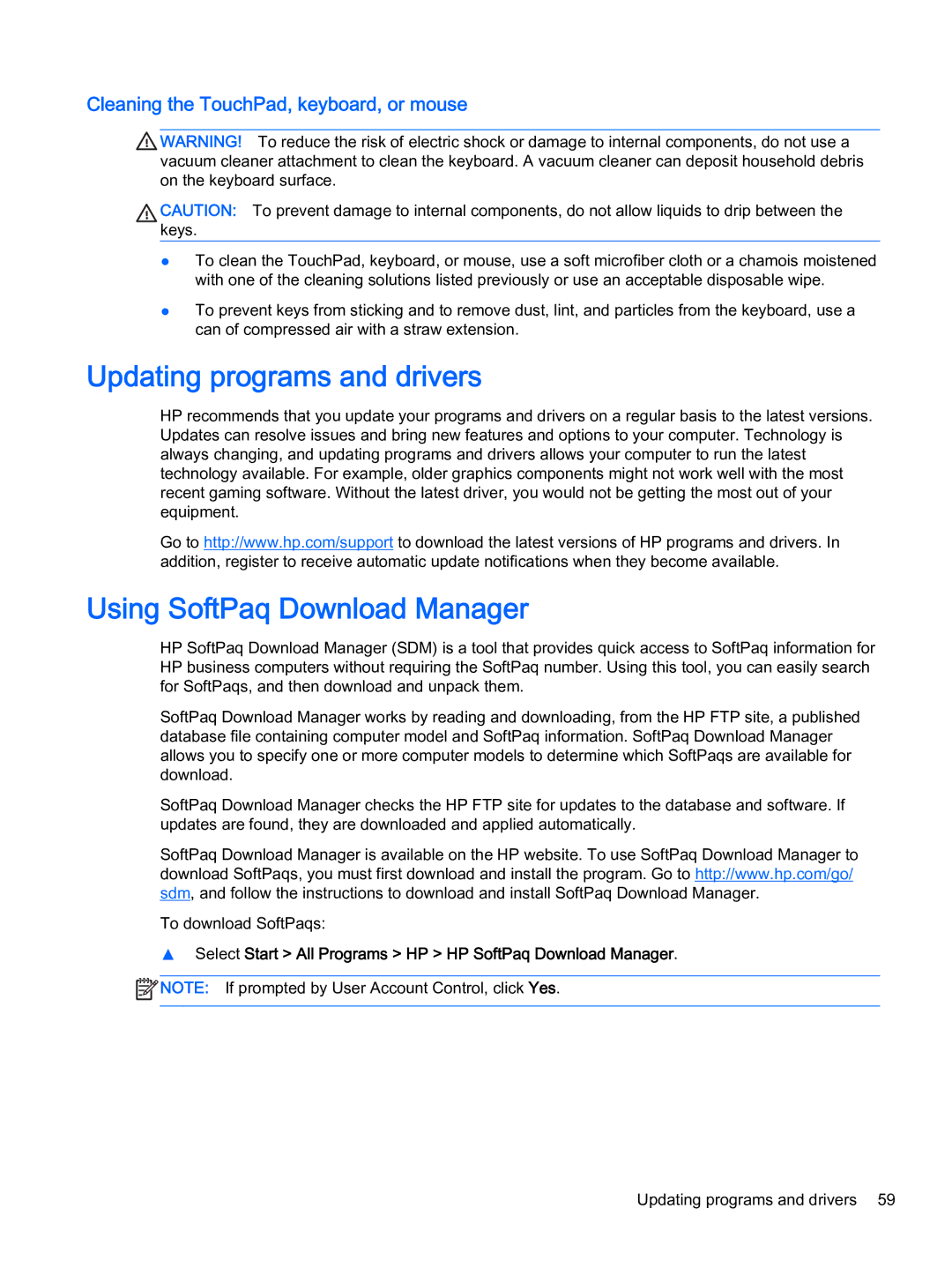 HP x2 1011 G1 Updating programs and drivers, Using SoftPaq Download Manager, Cleaning the TouchPad, keyboard, or mouse 