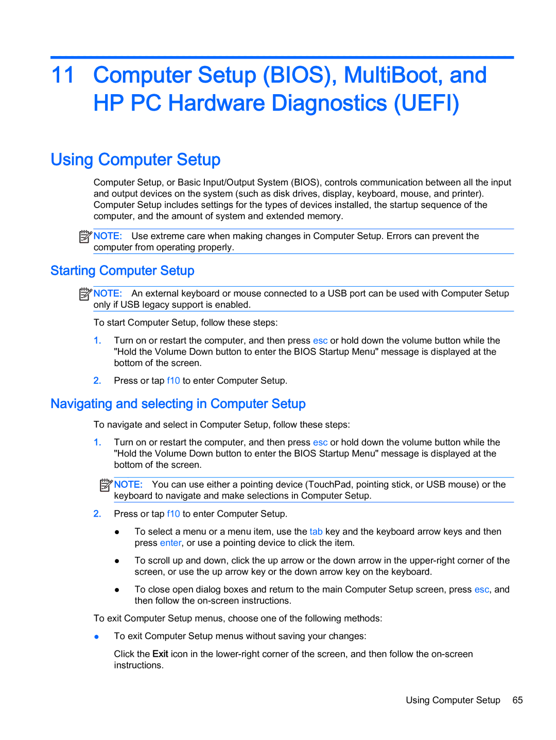 HP x2 1011 G1 manual Using Computer Setup, Starting Computer Setup, Navigating and selecting in Computer Setup 