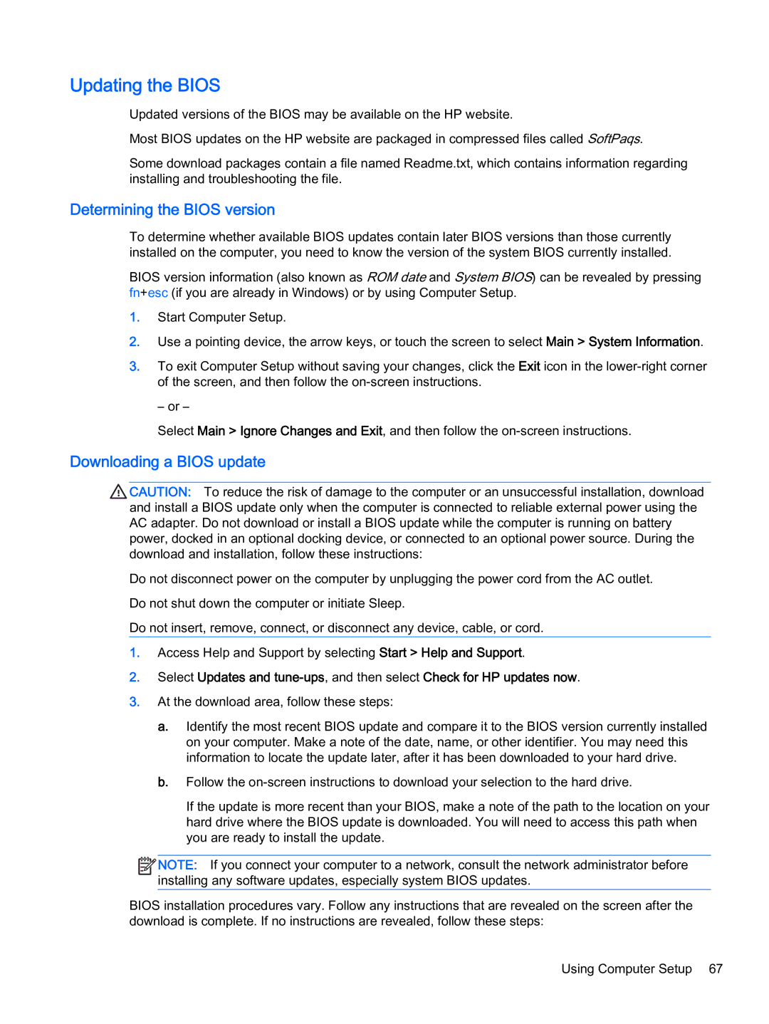 HP x2 1011 G1 manual Updating the Bios, Determining the Bios version, Downloading a Bios update 