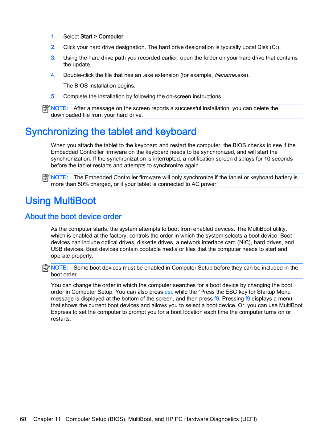 HP x2 1011 G1 manual Synchronizing the tablet and keyboard, Using MultiBoot, About the boot device order 