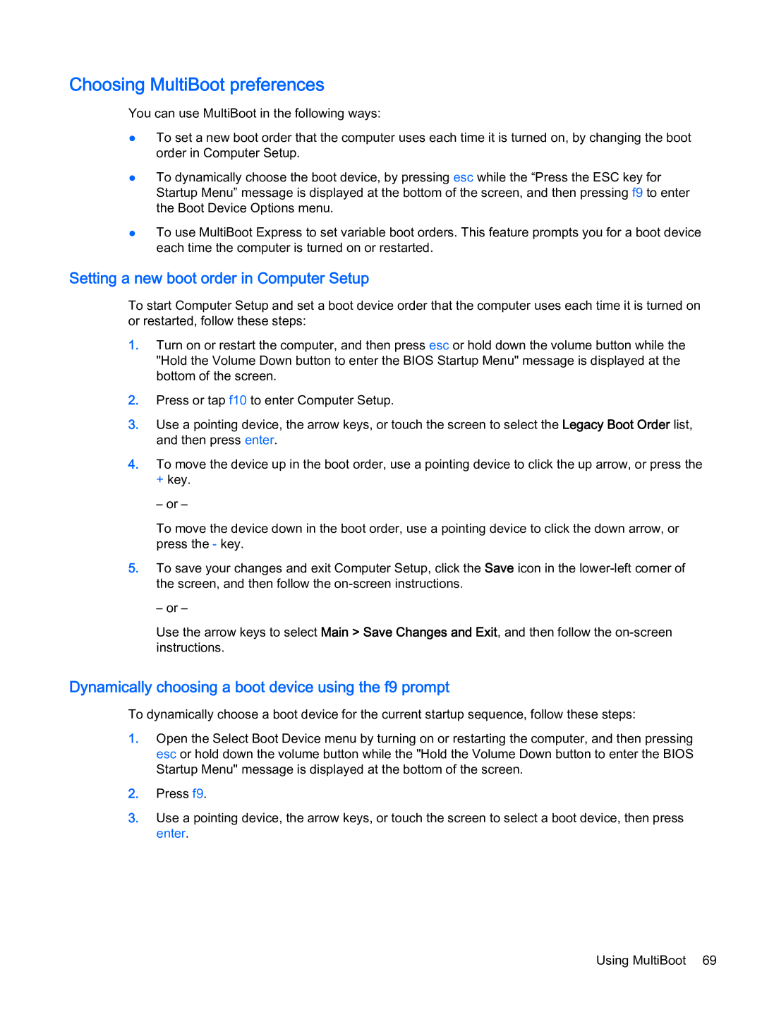 HP x2 1011 G1 manual Choosing MultiBoot preferences, Setting a new boot order in Computer Setup 