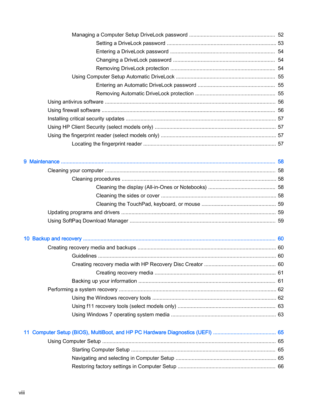 HP x2 1011 G1 manual Viii 