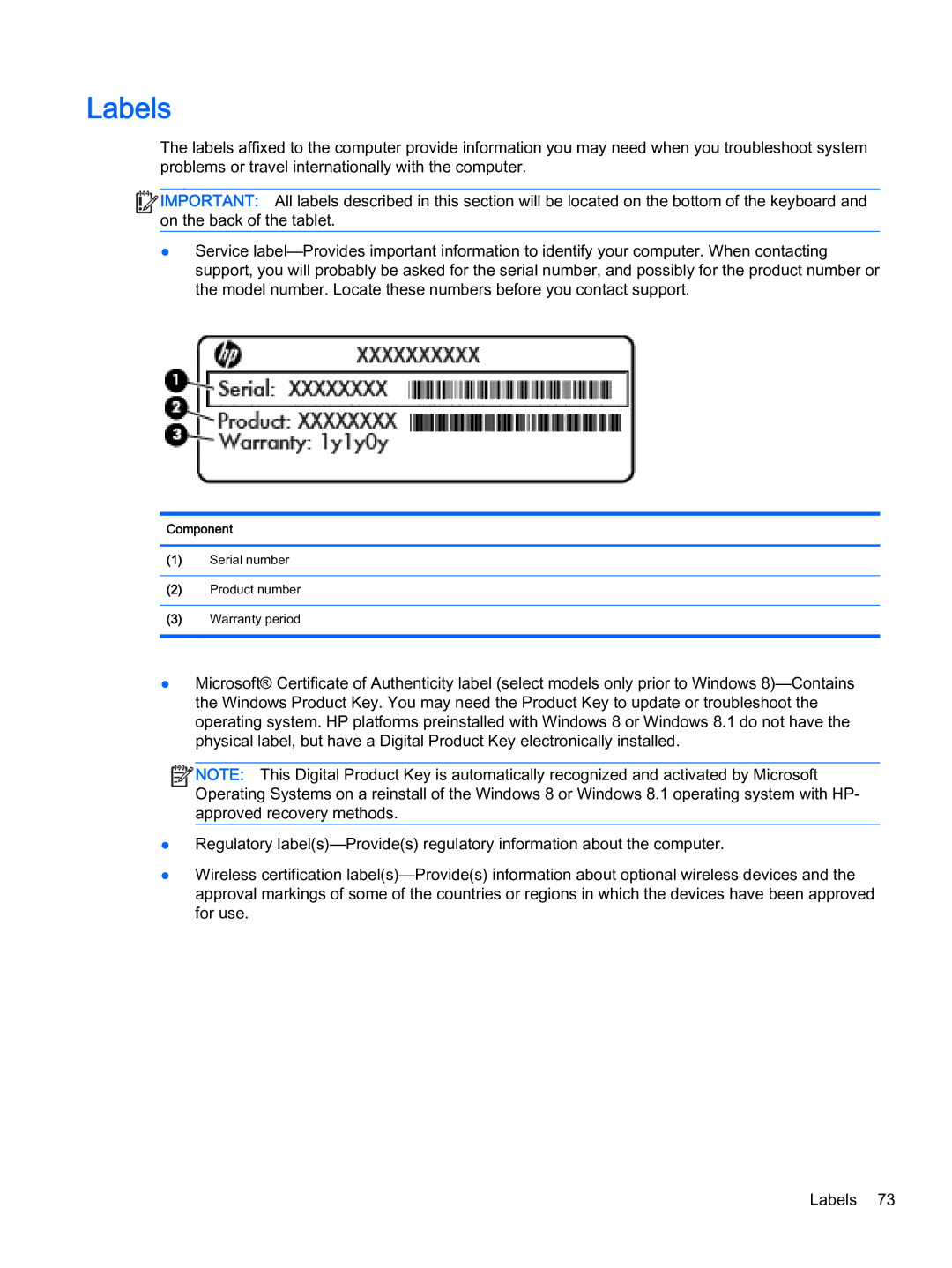 HP x2 1011 G1 manual Labels, Component 