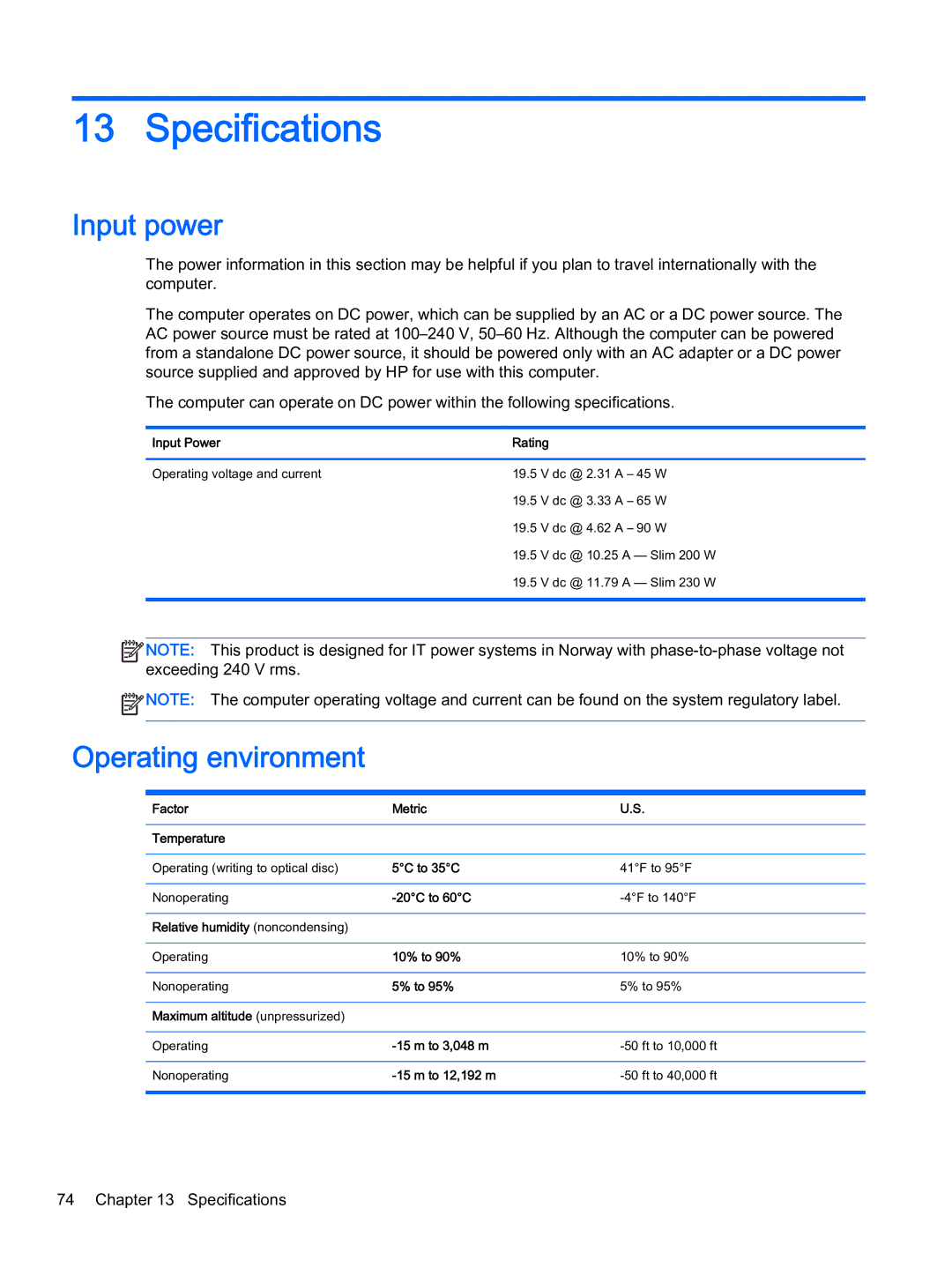 HP x2 1011 G1 manual Specifications, Input power, Operating environment 