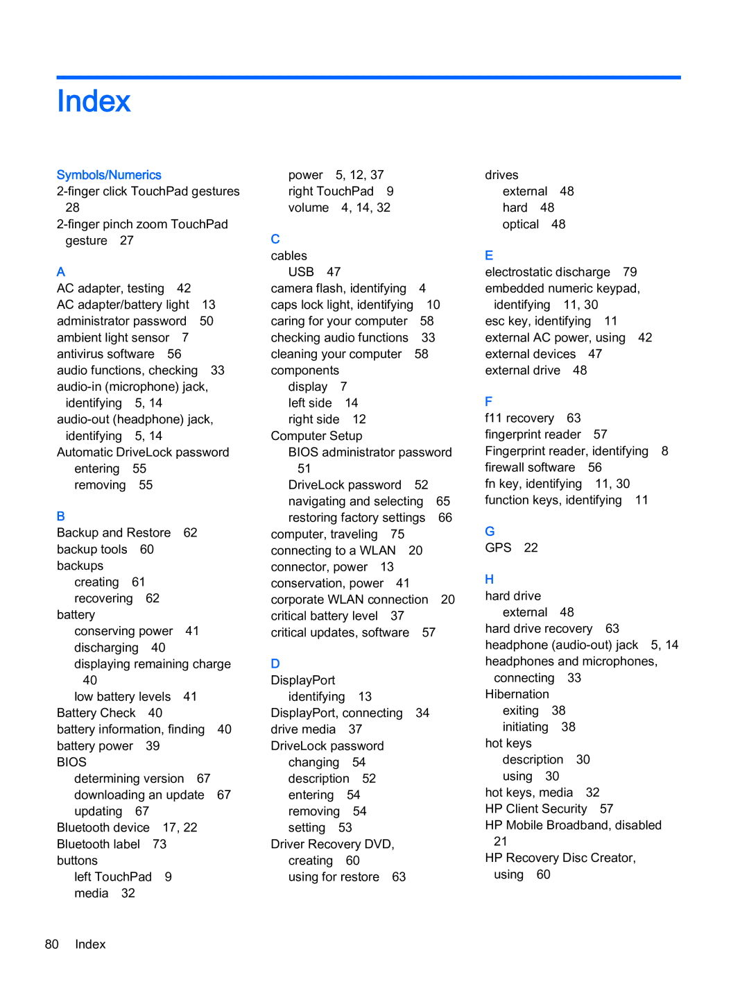 HP x2 1011 G1 manual Index, Symbols/Numerics 