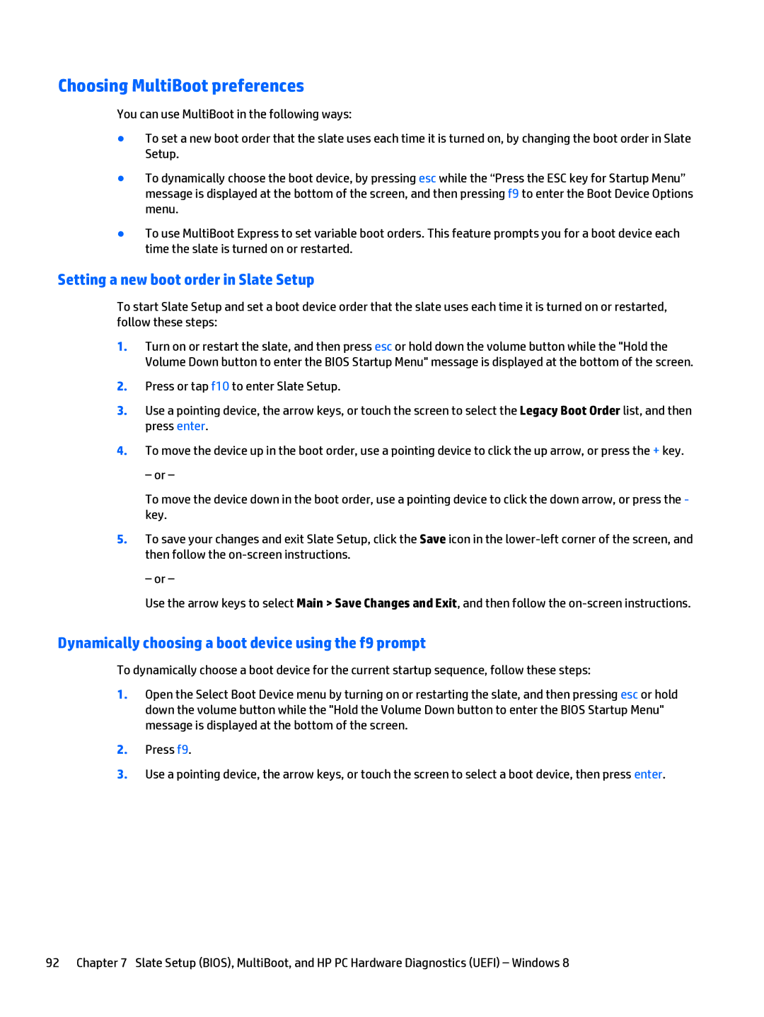 HP x2 1011 G1 manual Choosing MultiBoot preferences, Setting a new boot order in Slate Setup 