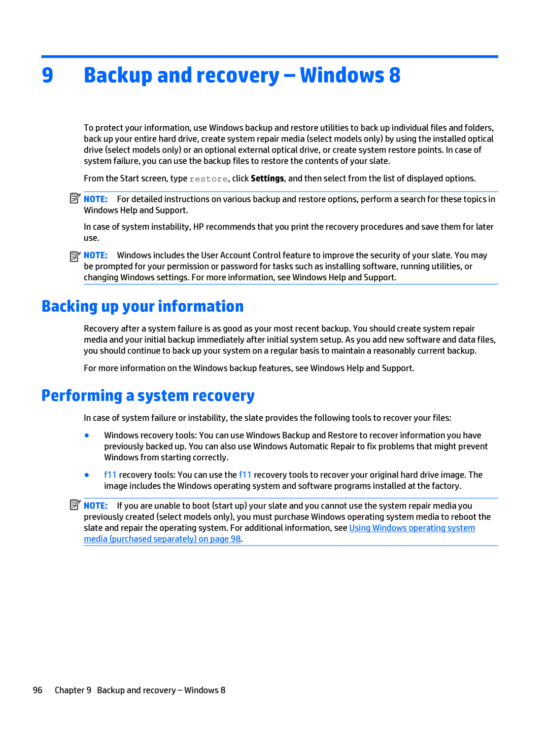 HP x2 1011 G1 manual Backup and recovery Windows, Backing up your information, Performing a system recovery 