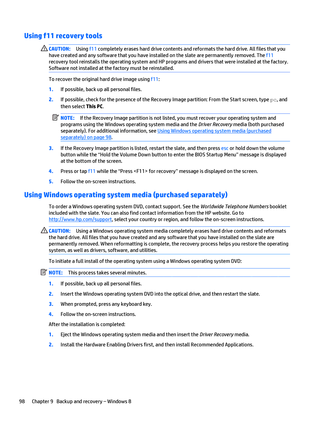 HP x2 1011 G1 manual Using f11 recovery tools, Using Windows operating system media purchased separately 