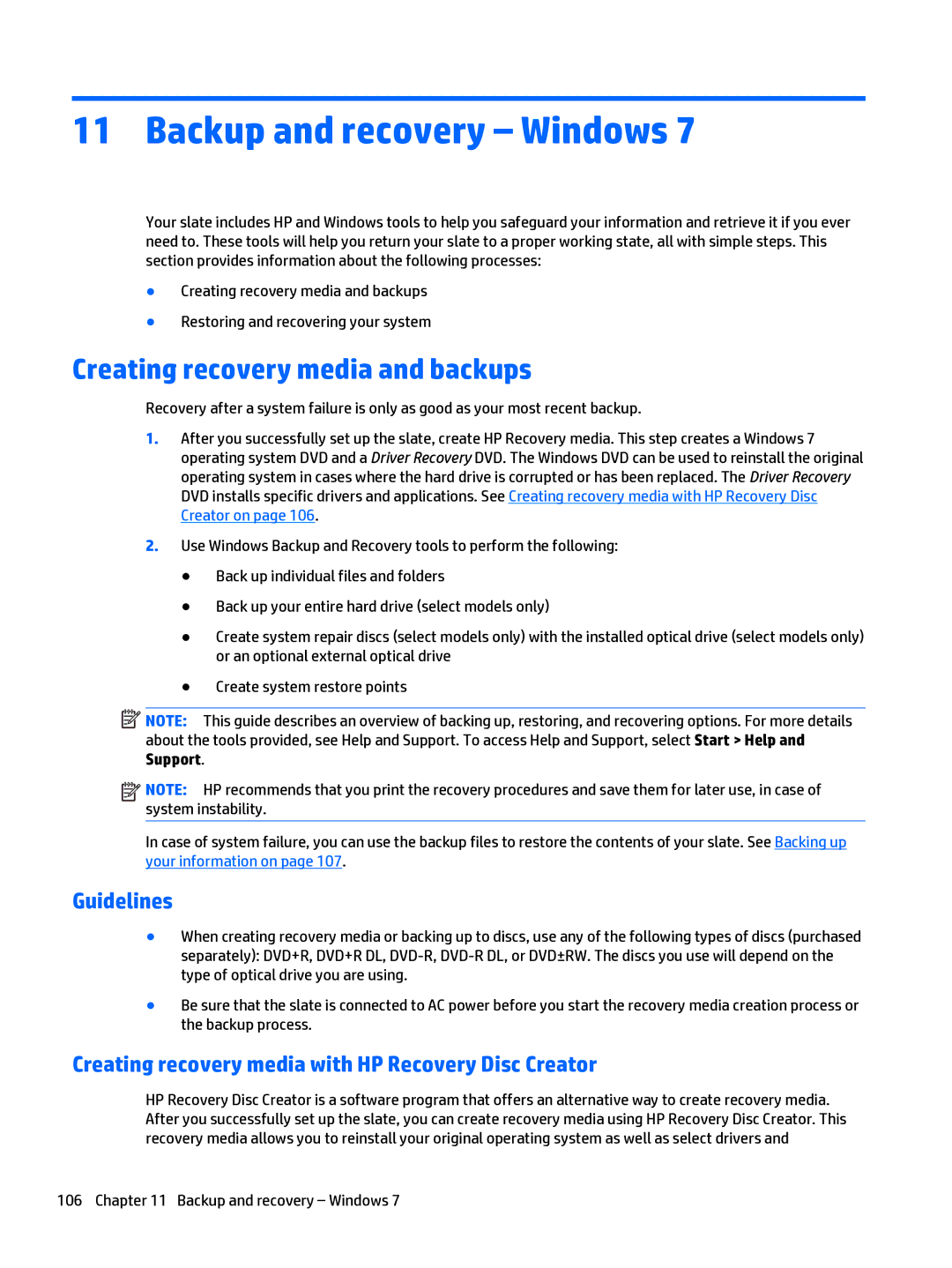 HP x2 1011 G1 manual Creating recovery media and backups, Guidelines, Creating recovery media with HP Recovery Disc Creator 