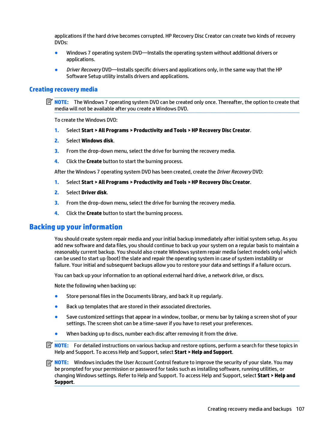 HP x2 1011 G1 manual Backing up your information, Creating recovery media 