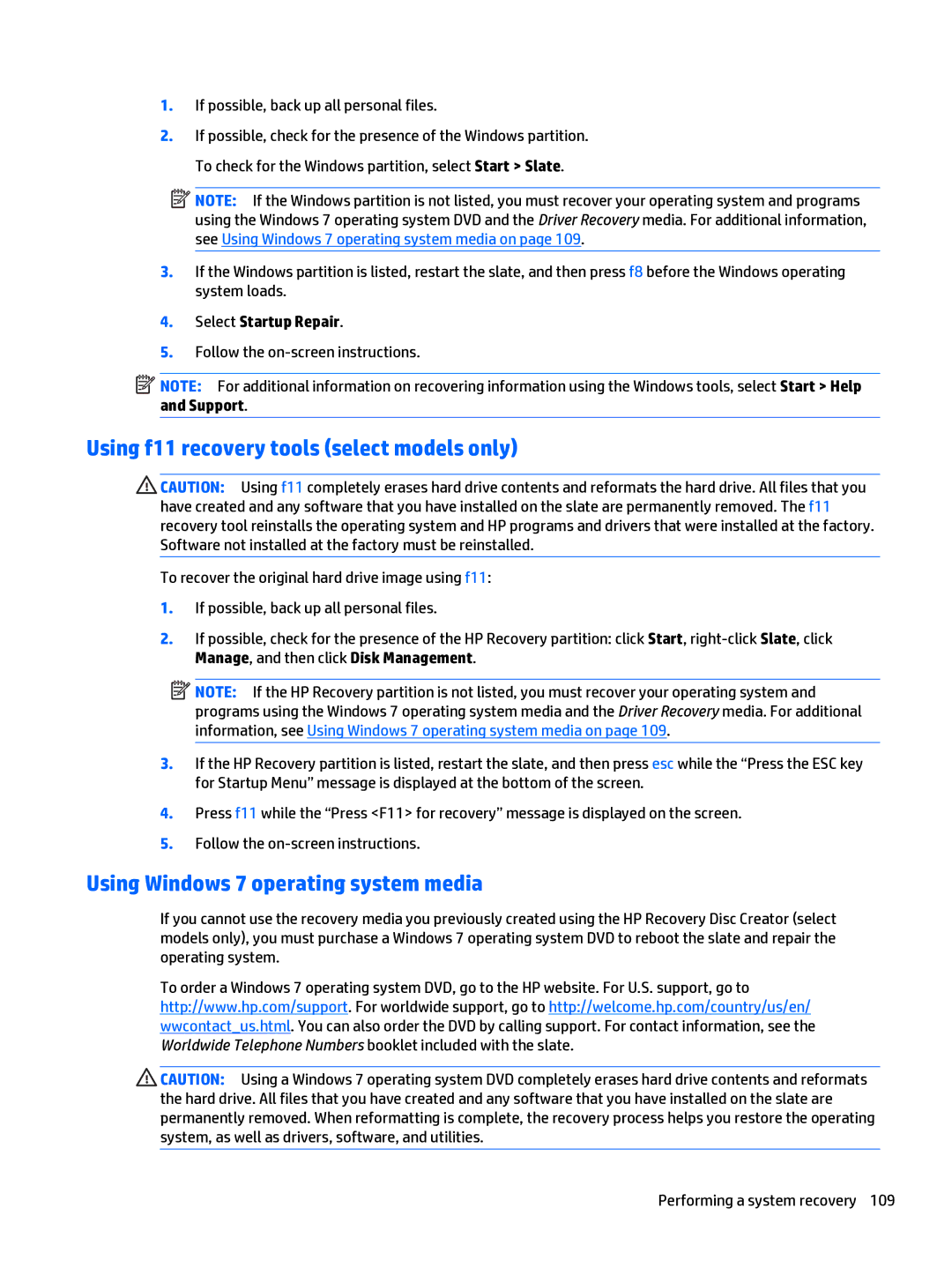 HP x2 1011 G1 manual Using f11 recovery tools select models only, Using Windows 7 operating system media 
