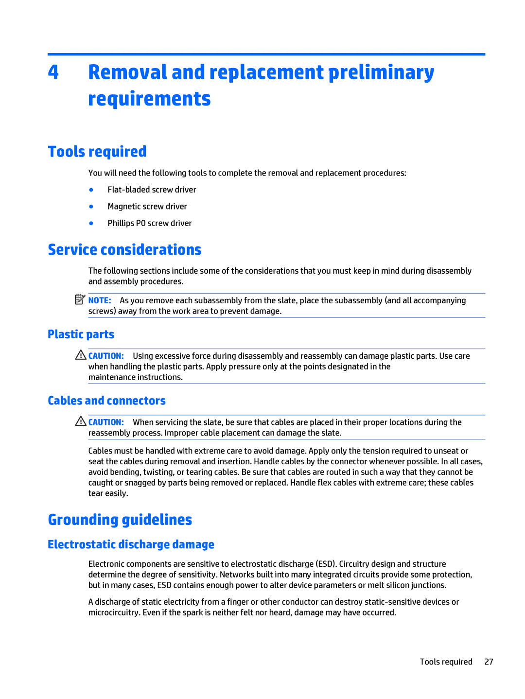 HP x2 1011 G1 manual Removal and replacement preliminary requirements, Tools required, Service considerations 