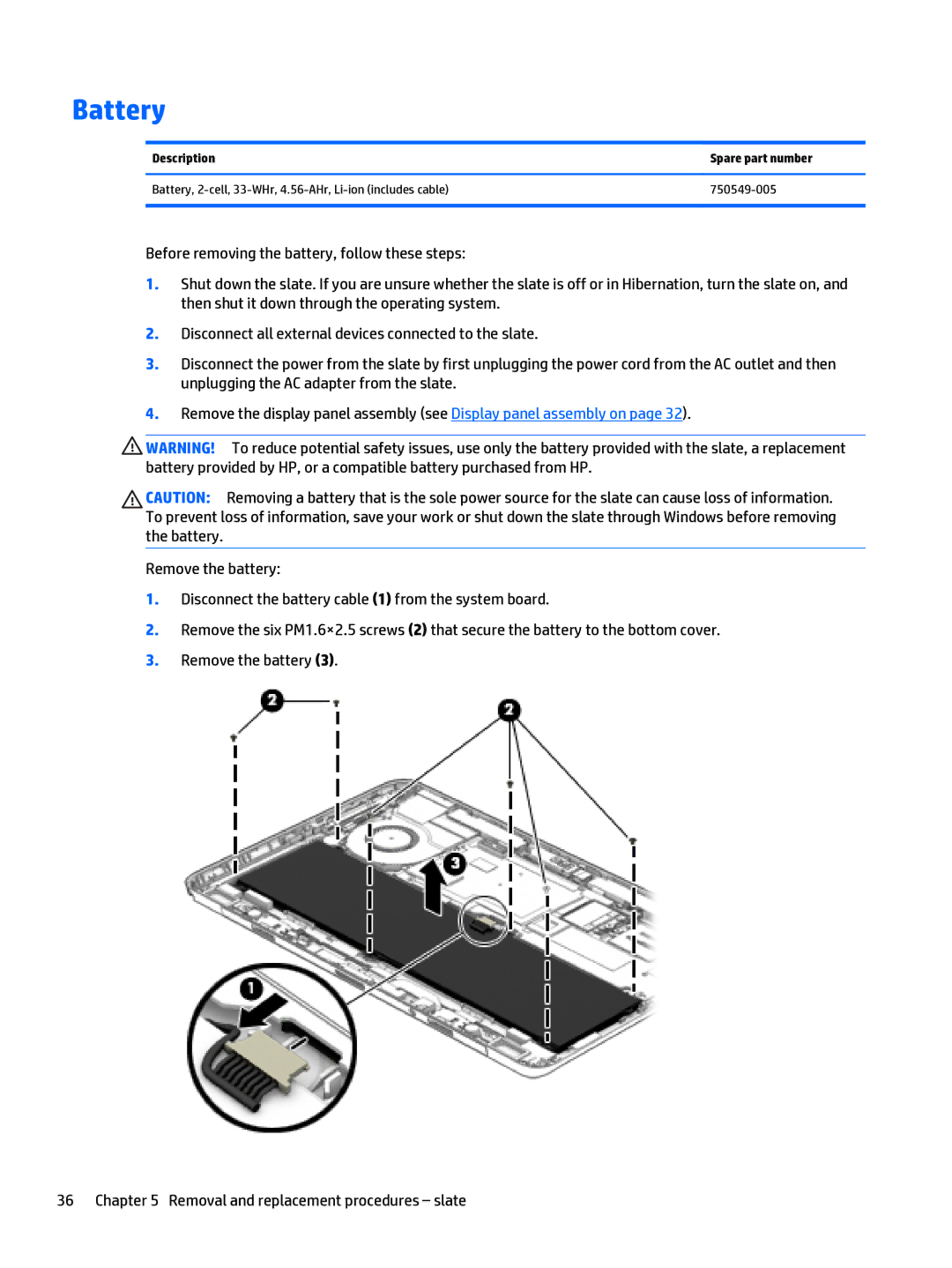 HP x2 1011 G1 manual Battery, Description Spare part number 