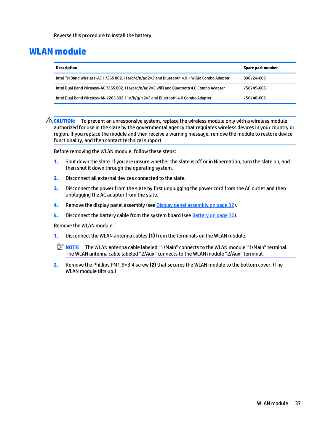HP x2 1011 G1 manual Wlan module, 806724-005 