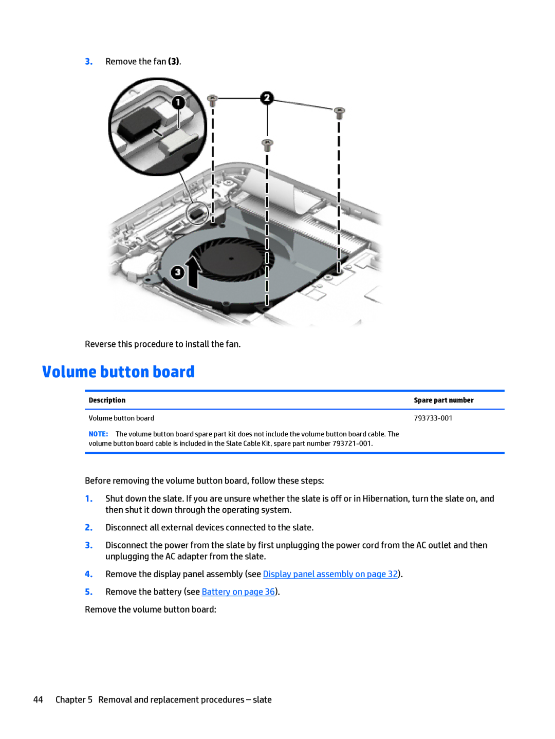 HP x2 1011 G1 manual Volume button board, Description Spare part number 