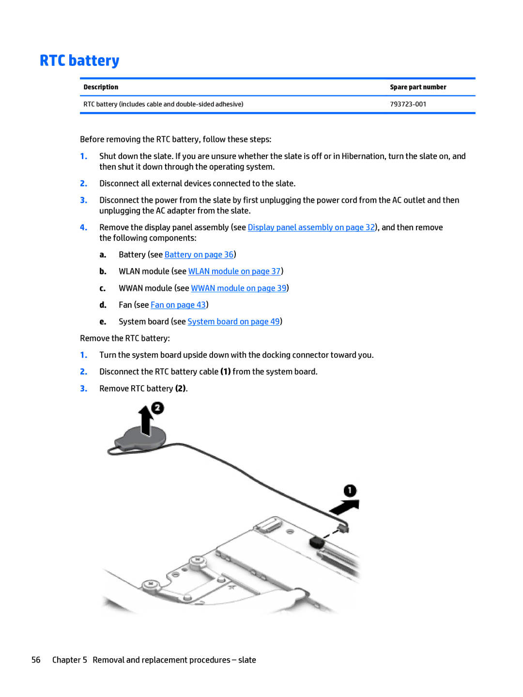 HP x2 1011 G1 manual RTC battery, Description Spare part number 