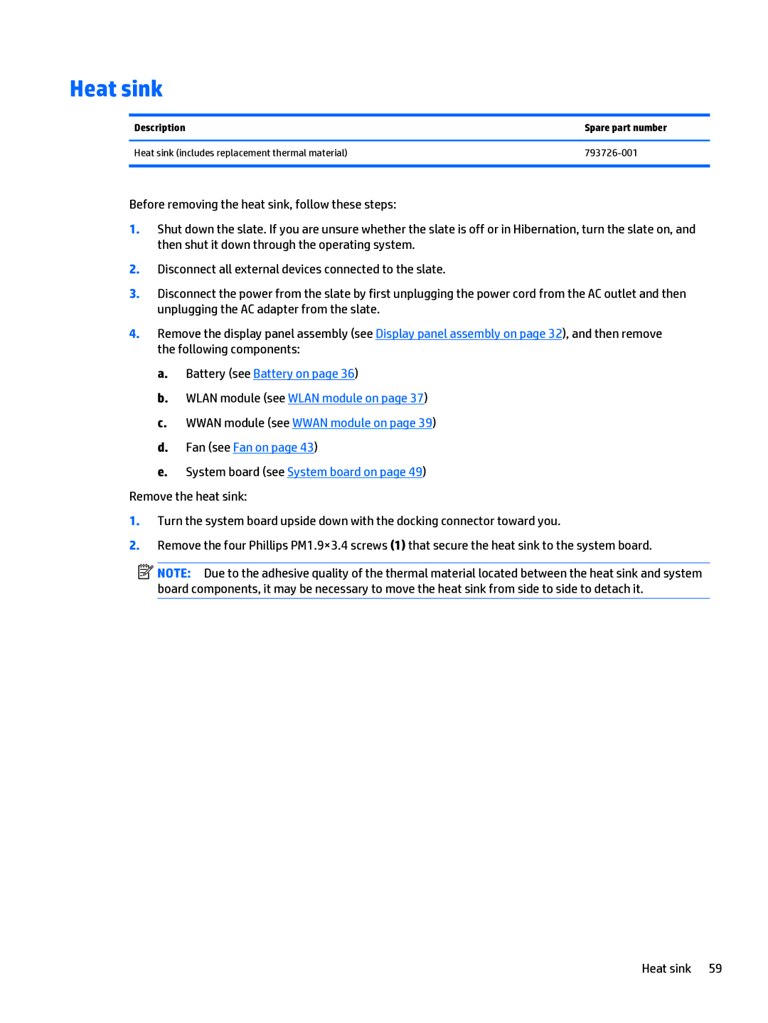 HP x2 1011 G1 manual Heat sink 