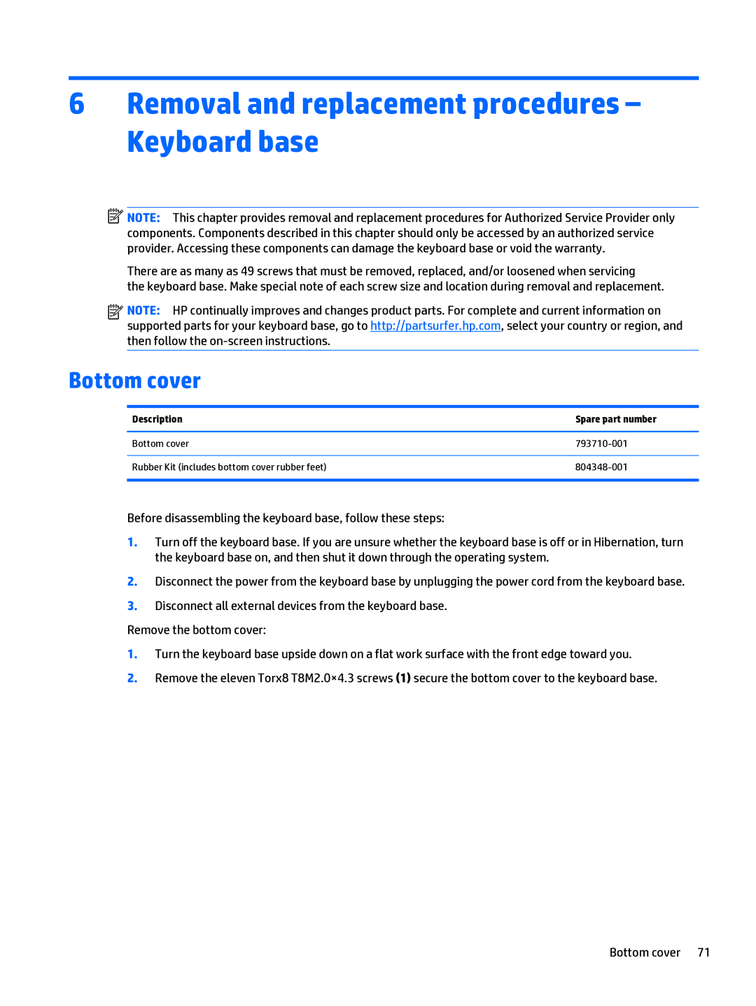 HP x2 1011 G1 manual Removal and replacement procedures Keyboard base, Bottom cover 